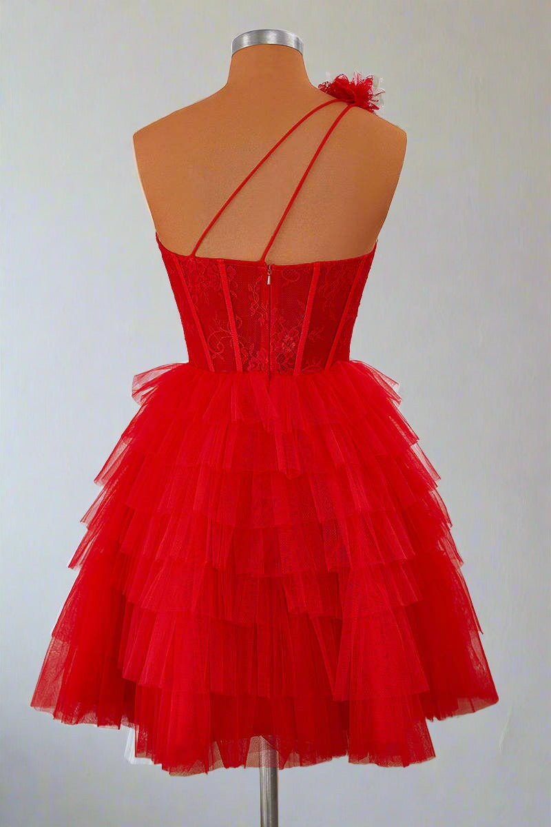 One Shoulder Red Lace Corset Ruffle Short Homecoming Dress-Fancyvestido Black / US 4 One Shoulder Red Lace Corset Ruffle Short Homecoming Dress-Fancyvestido –  FancyVestido