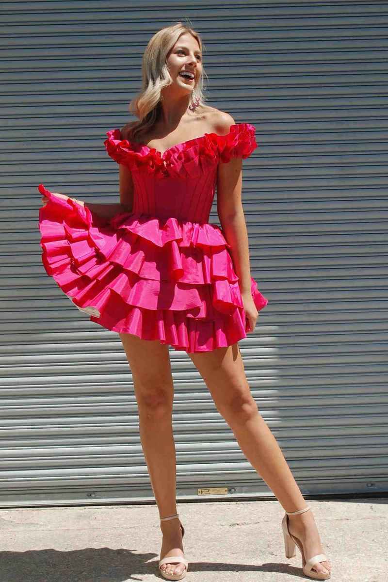 Off the Shoulder Fuchsia Tiered A-Line Homecoming Dress FancyVestido Off the Shoulder Fuchsia Tiered A-Line Homecoming Dress FancyVestido