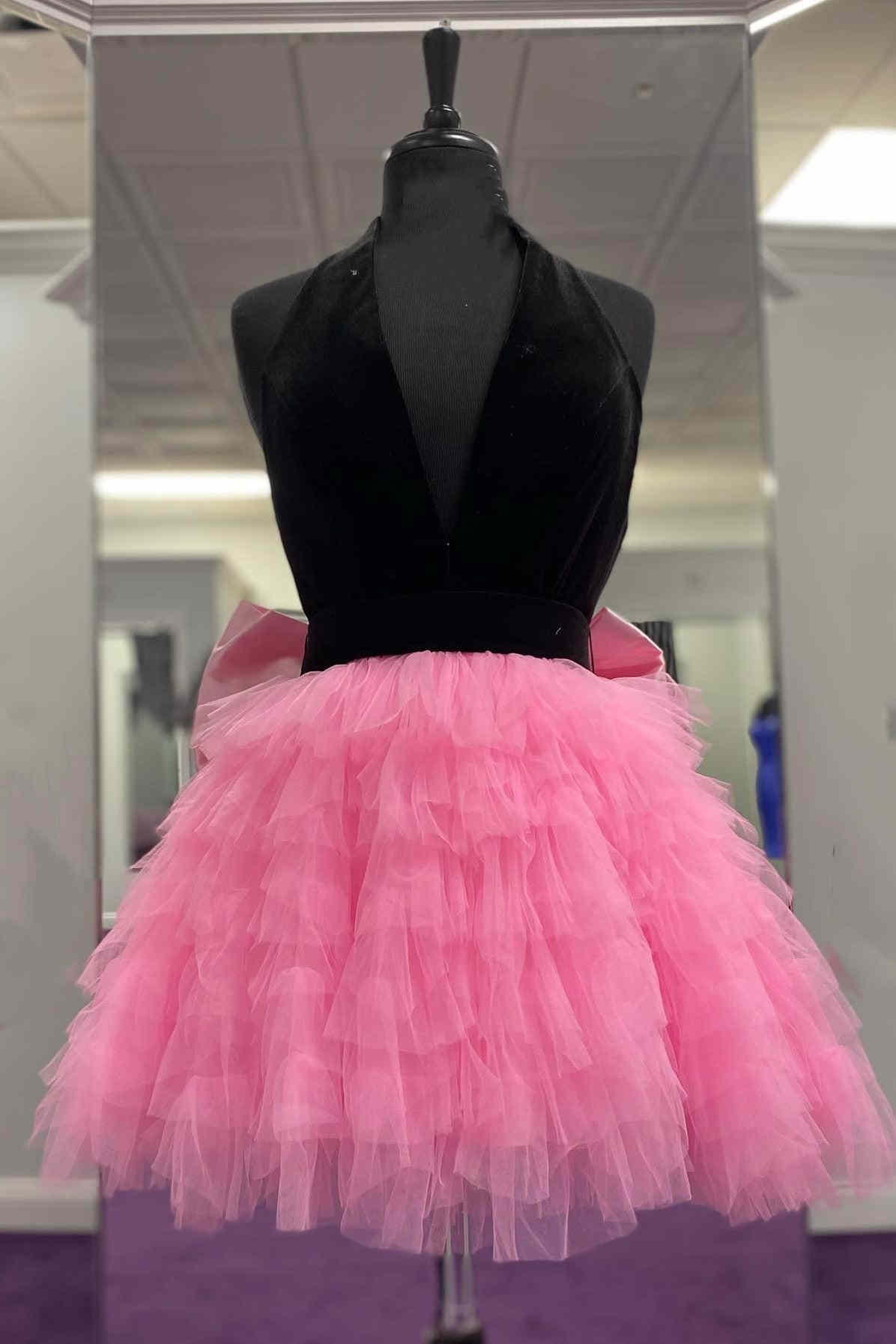 Cute Black and Pink Halter Ruffle Short Party Dress  FancyVestido