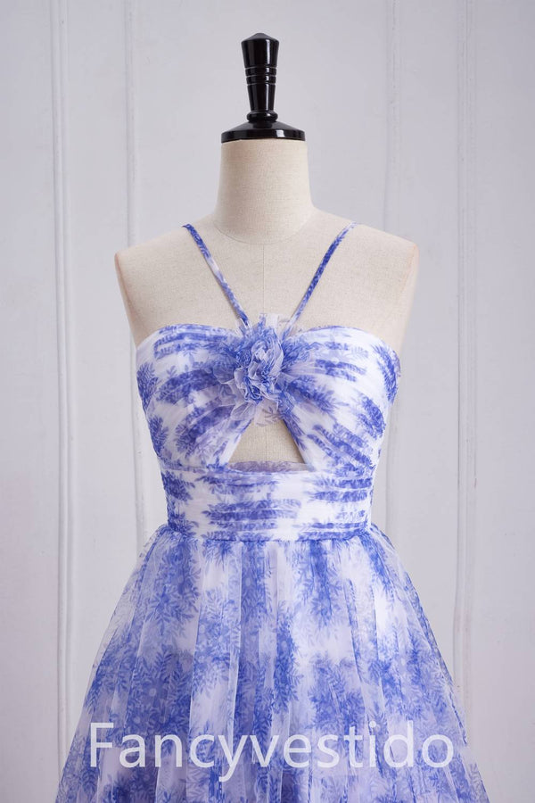 Straps Purple Keyhole Floral Print A-Line Ruffle Prom Dress