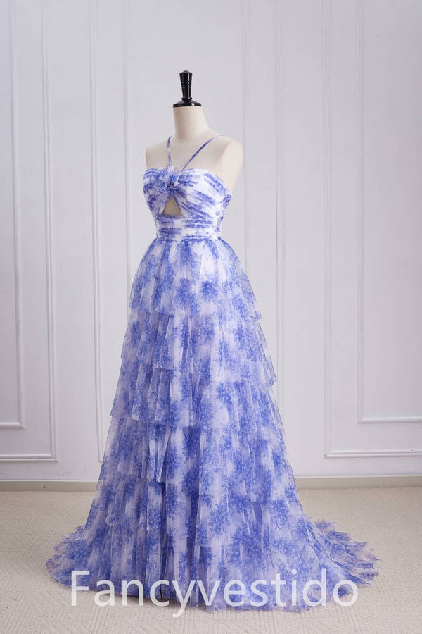 Straps Purple Keyhole Floral Print A-Line Ruffle Prom Dress