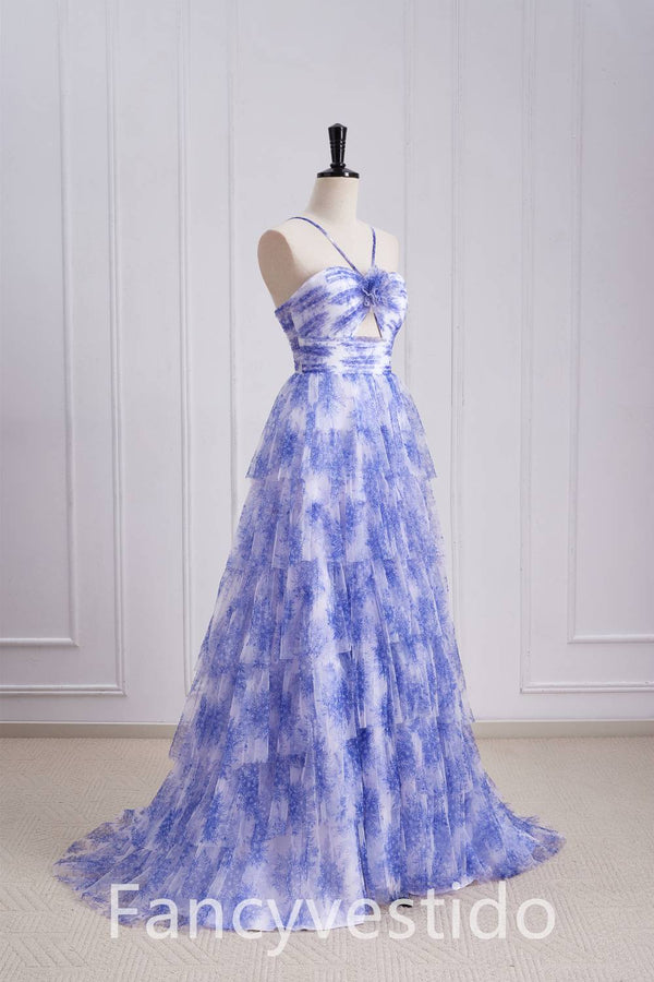 Straps Purple Keyhole Floral Print A-Line Ruffle Prom Dress
