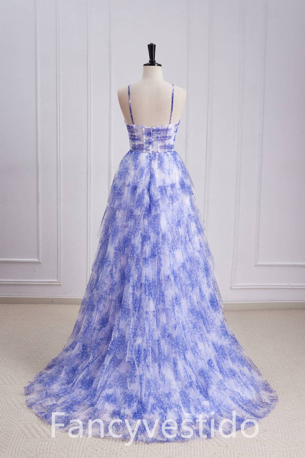 Straps Purple Keyhole Floral Print A-Line Ruffle Prom Dress