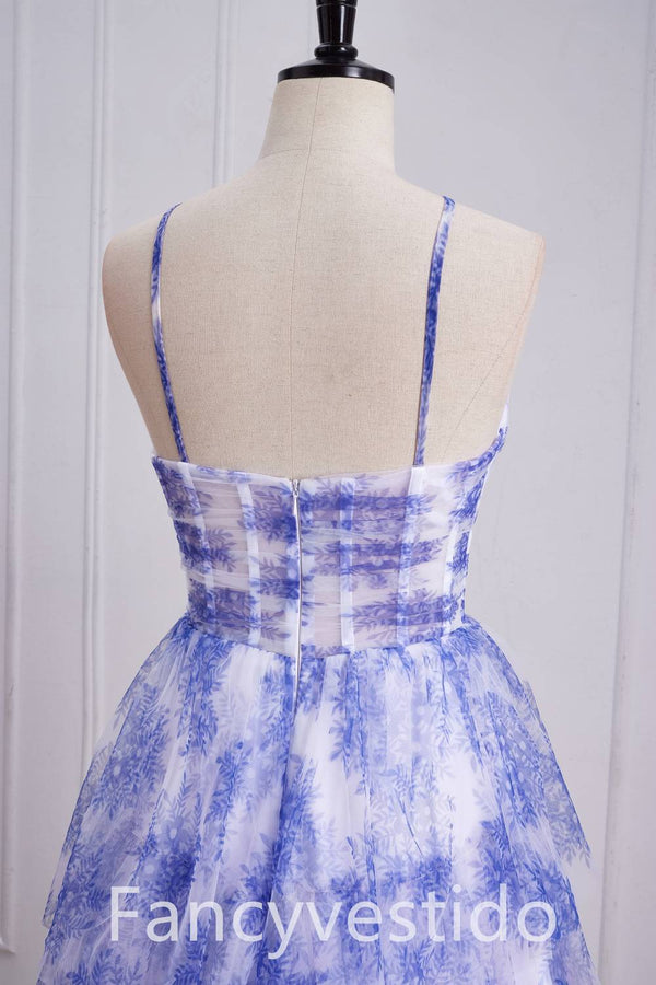 Straps Purple Keyhole Floral Print A-Line Ruffle Prom Dress