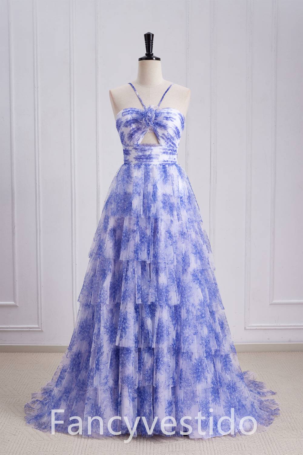 Straps Purple Keyhole Floral Print A-Line Ruffle Prom Dress FancyVestido Straps Purple Keyhole Floral Print A-Line Ruffle Prom Dress FancyVestido
