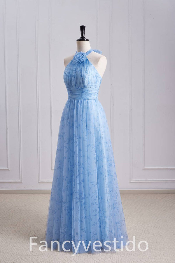 Halter Blue Floral Print A-Line Maxi Dress with Rosette