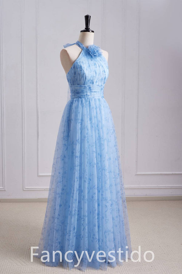 Halter Blue Floral Print A-Line Maxi Dress with Rosette