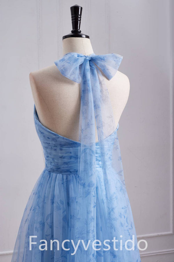 Halter Blue Floral Print A-Line Maxi Dress with Rosette