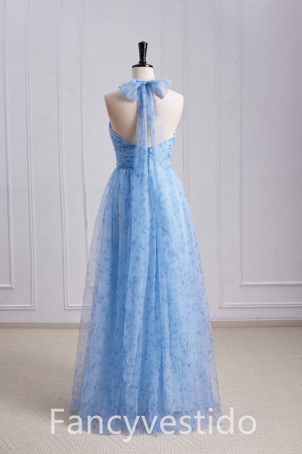 Halter Blue Floral Print A-Line Maxi Dress with Rosette