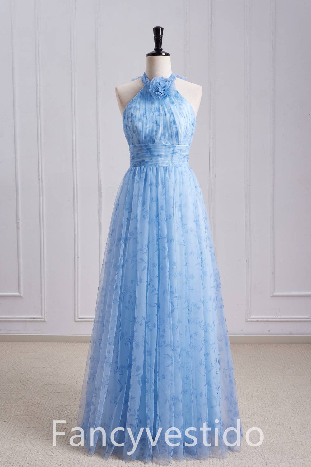 green emerald velvet dress Halter Blue Floral Print A-Line Maxi Dress with Rosette – FancyVestido