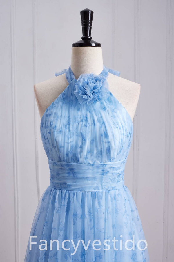 Halter Blue Floral Print A-Line Maxi Dress with Rosette
