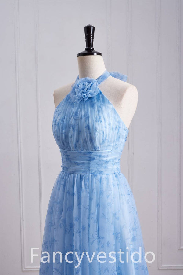 Halter Blue Floral Print A-Line Maxi Dress with Rosette