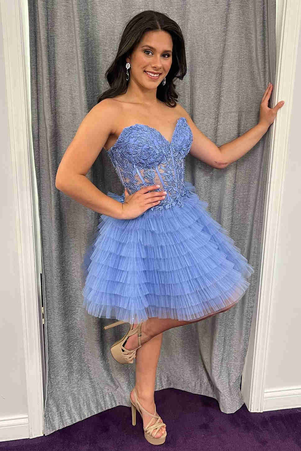 Sweetheart Periwinkle Corset Ruffle Homecoming Dress with Appliques FancyVestido Sweetheart Periwinkle Corset Ruffle Homecoming Dress with Appliques FancyVestido