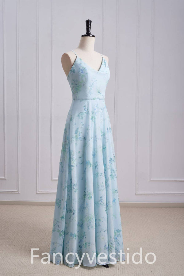 Straps Cowl Neck Floral Print Chiffon Bridesmaid Dress