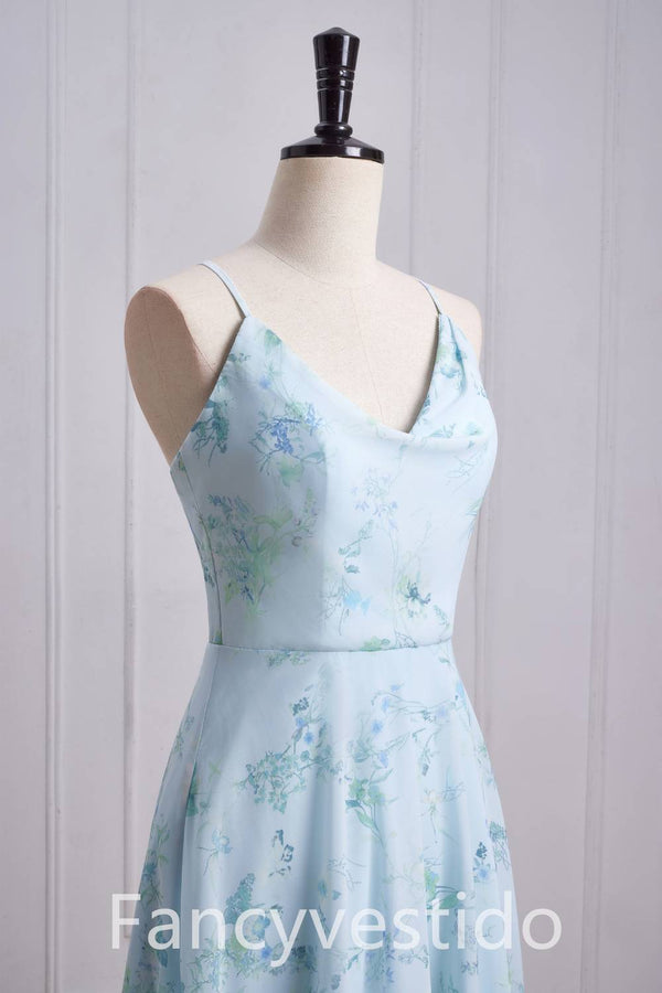 Straps Cowl Neck Floral Print Chiffon Bridesmaid Dress