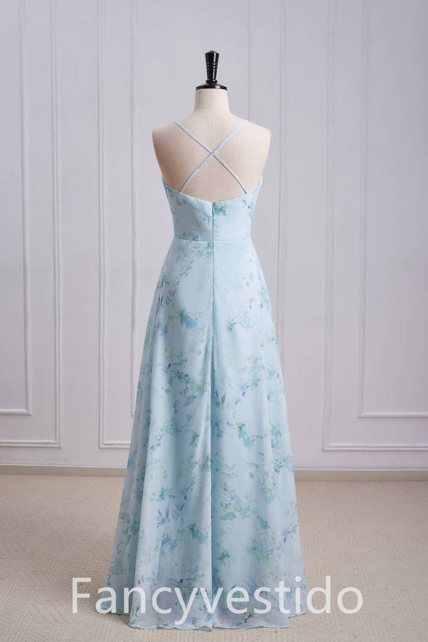 Straps Cowl Neck Floral Print Chiffon Bridesmaid Dress