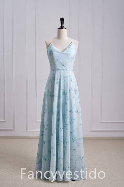 Straps Cowl Neck Floral Print Chiffon Bridesmaid Dress