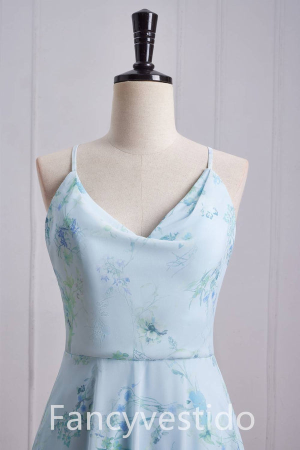 Straps Cowl Neck Floral Print Chiffon Bridesmaid Dress