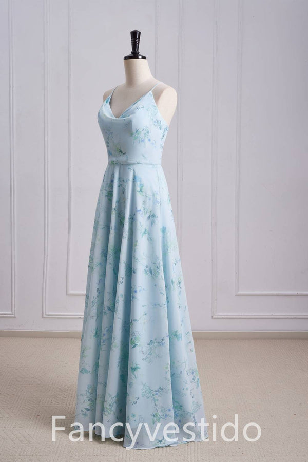 Straps Cowl Neck Floral Print Chiffon Bridesmaid Dress