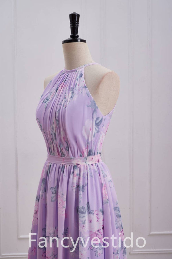 Halter Purple Floral Print A-Line Chiffon Bridesmaid Dress