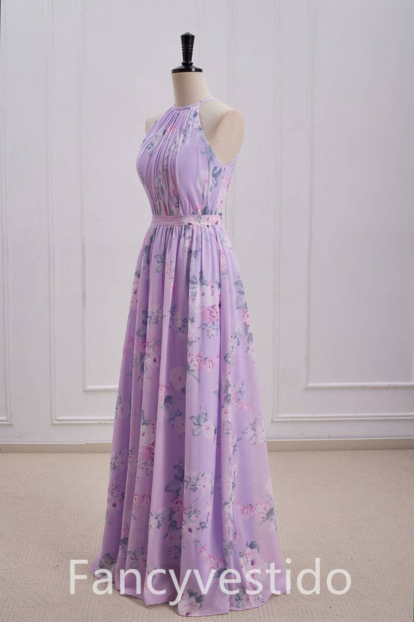 Halter Purple Floral Print A-Line Chiffon Bridesmaid Dress