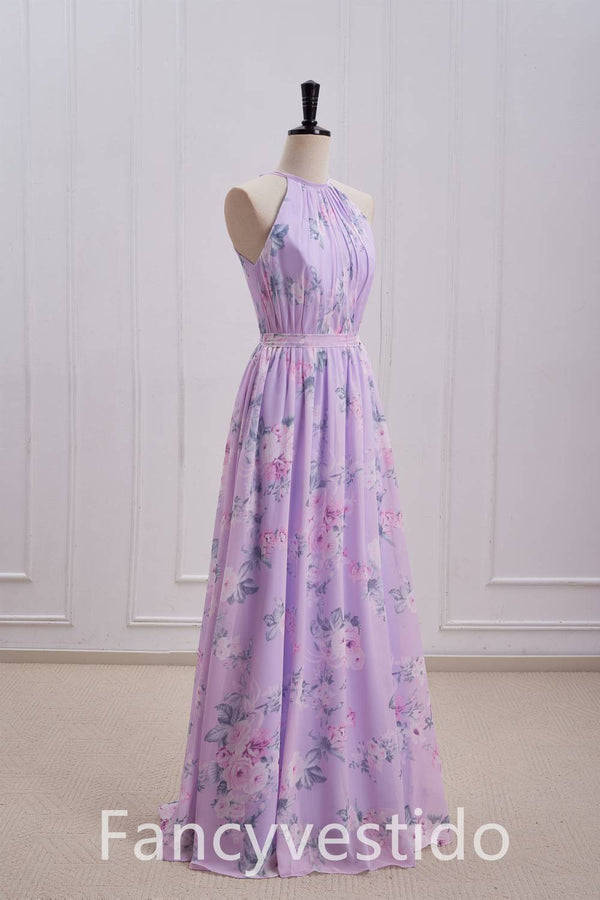 Halter Purple Floral Print A-Line Chiffon Bridesmaid Dress