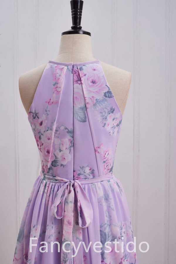 Halter Purple Floral Print A-Line Chiffon Bridesmaid Dress