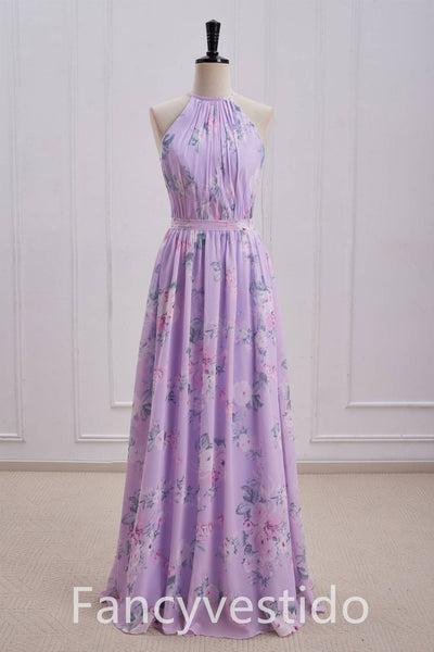 Halter Purple Floral Print A-Line Chiffon Bridesmaid Dress