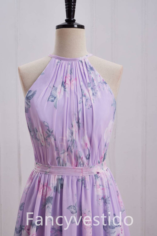 Halter Purple Floral Print A-Line Chiffon Bridesmaid Dress