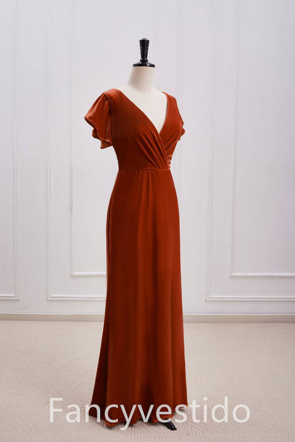 V-Neck Rust Orange Velvet Long Bridesmaid Dress