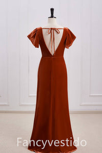 V-Neck Rust Orange Velvet Long Bridesmaid Dress