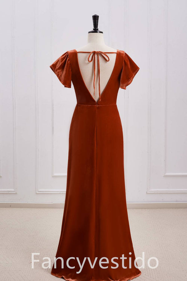 V-Neck Rust Orange Velvet Long Bridesmaid Dress