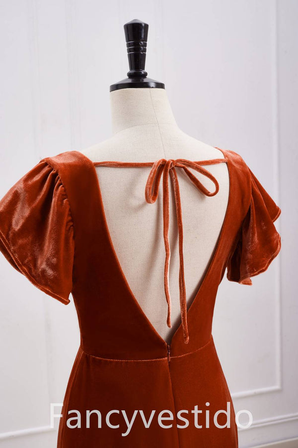 V-Neck Rust Orange Velvet Long Bridesmaid Dress