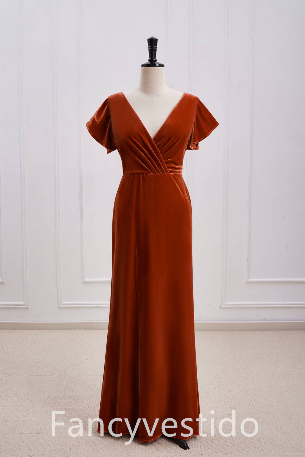 V-Neck Rust Orange Velvet Long Bridesmaid Dress FancyVestido V-Neck Rust Orange Velvet Long Bridesmaid Dress FancyVestido