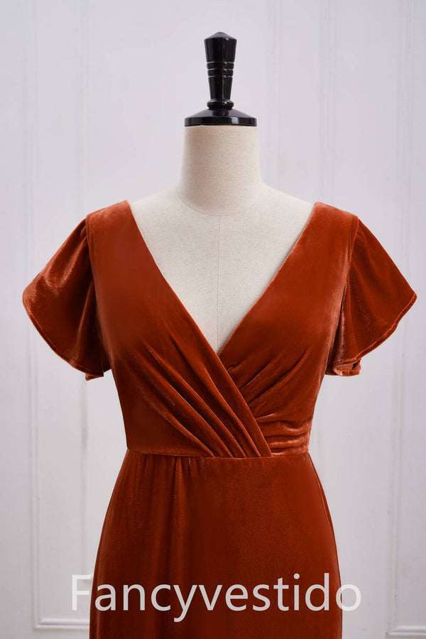 V-Neck Rust Orange Velvet Long Bridesmaid Dress