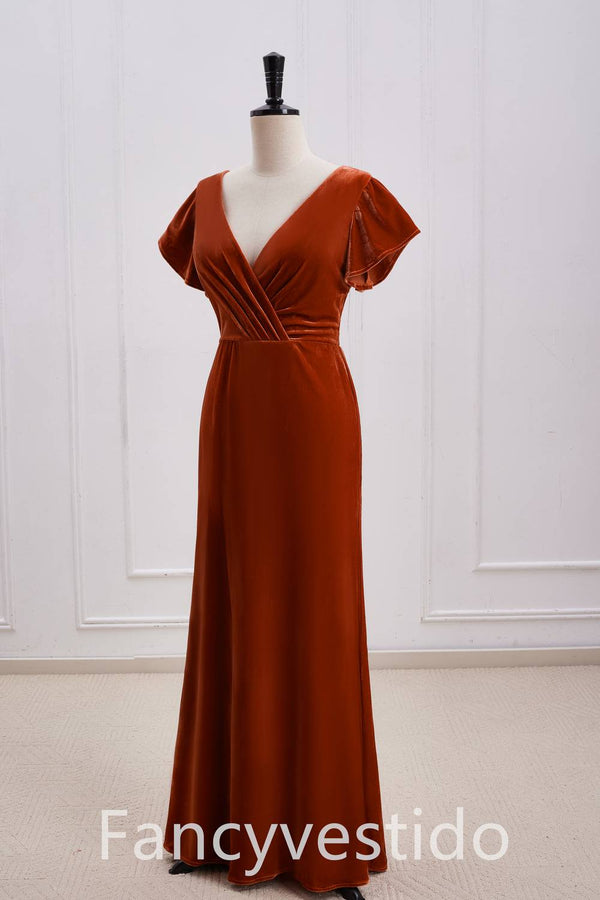 V-Neck Rust Orange Velvet Long Bridesmaid Dress