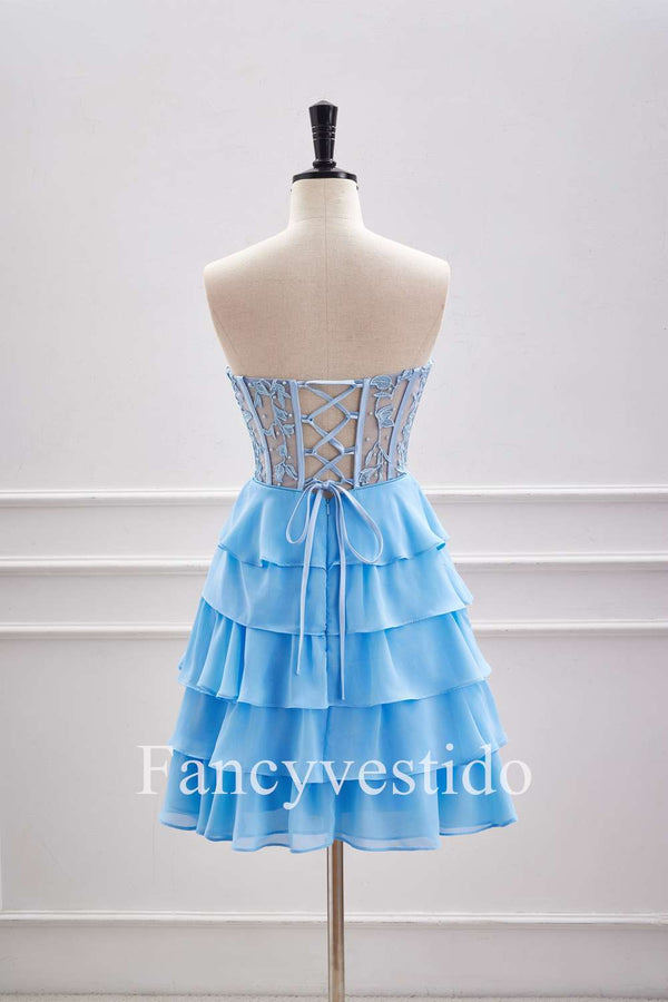 Sweetheart Blue A-Line Tiered Short Homecoming Dress with Appliques