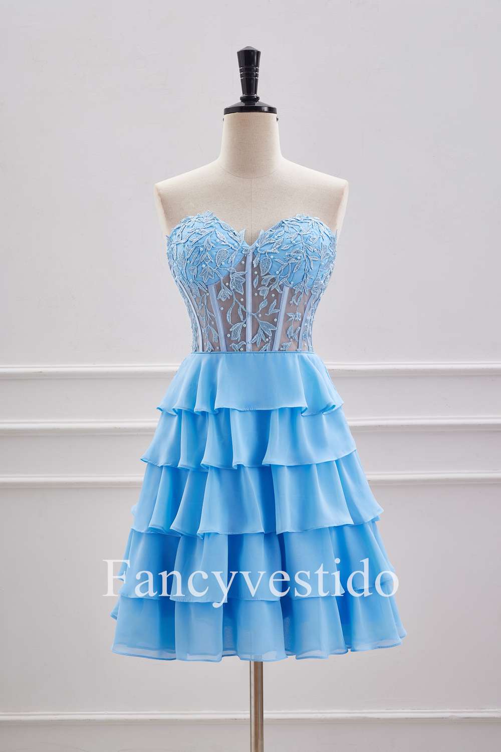 Sweetheart Blue A-Line Tiered Short Homecoming Dress with Appliques FancyVestido Sweetheart Blue A-Line Tiered Short Homecoming Dress with Appliques FancyVestido