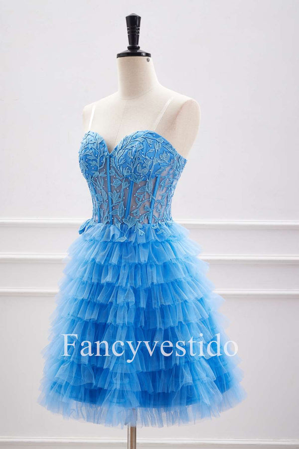 A-Line Sweetheart Blue Corset Appliques Ruffle Homecoming Dress