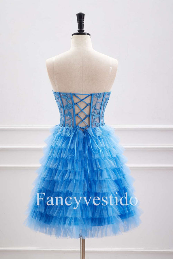 A-Line Sweetheart Blue Corset Appliques Ruffle Homecoming Dress