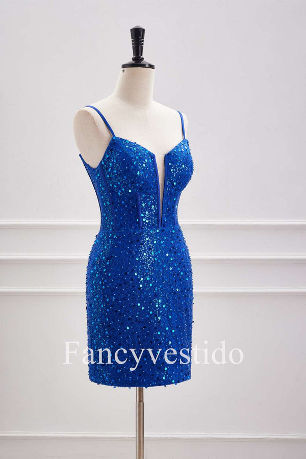 Straps Plunging Neck Royal Blue Sequin Tight Homecoming Dress