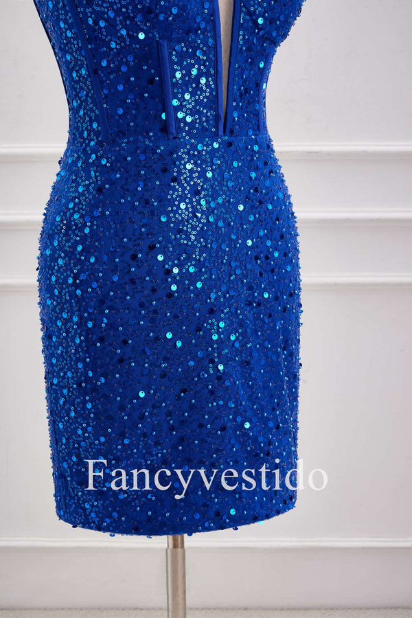 Straps Plunging Neck Royal Blue Sequin Tight Homecoming Dress