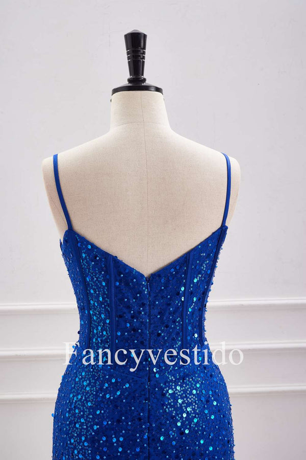 Straps Plunging Neck Royal Blue Sequin Tight Homecoming Dress