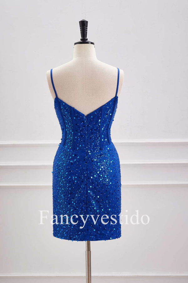 Straps Plunging Neck Royal Blue Sequin Tight Homecoming Dress
