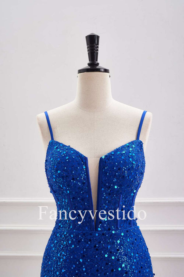 Straps Plunging Neck Royal Blue Sequin Tight Homecoming Dress