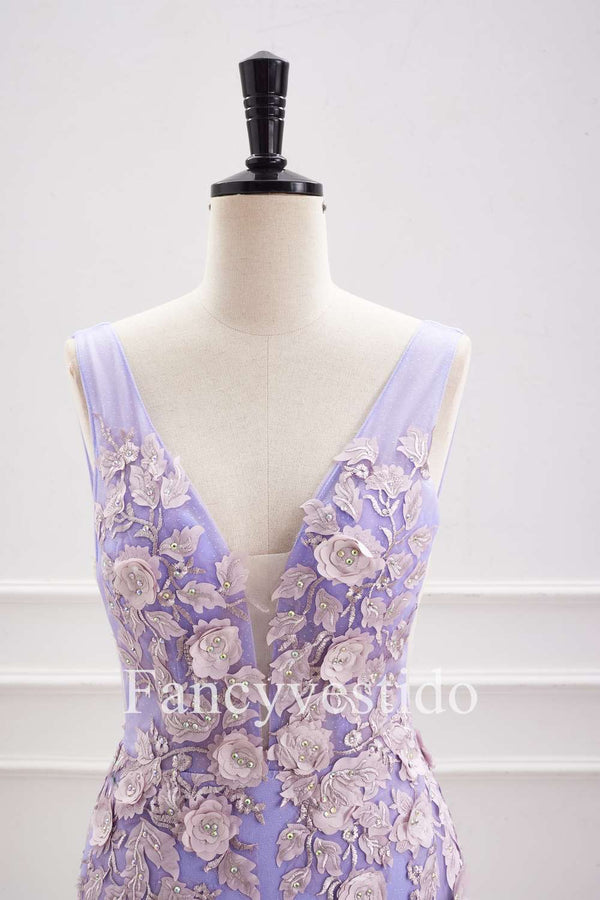 Plunging Neck Lavender 3D Flowers Fitted Homecoming Dress