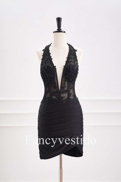 Fitted Black Halter Ruched Mini Homecoming Dress with Appliques