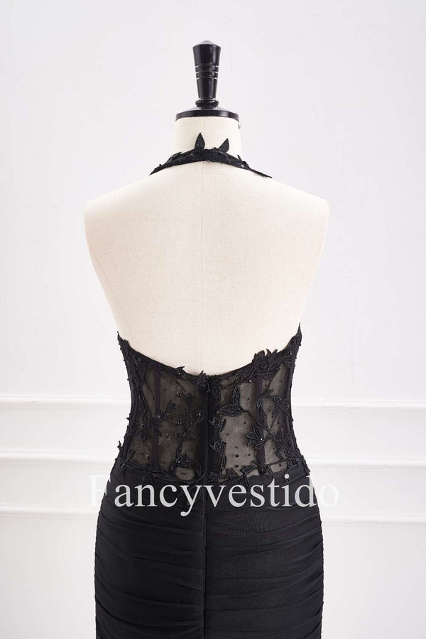 Fitted Black Halter Ruched Mini Homecoming Dress with Appliques