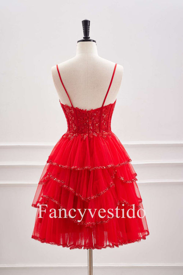 Straps Red Plunging Neck A-Line Tiered Homecoming Dress