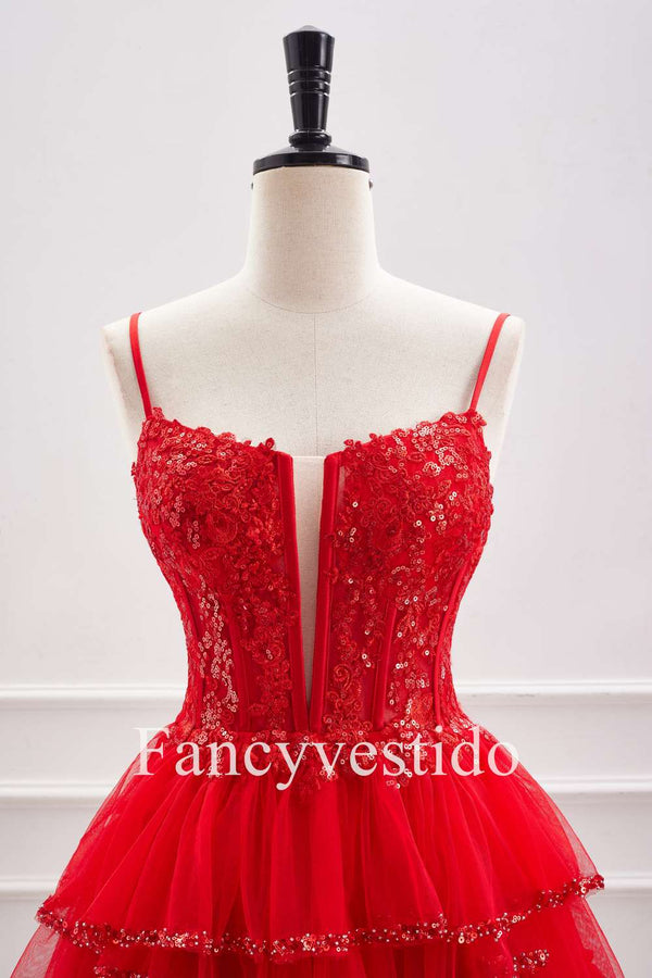 Straps Red Plunging Neck A-Line Tiered Homecoming Dress
